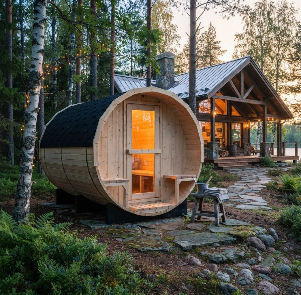 
                  
                    Outdoor Barrel Sauna with Porch
                  
                
