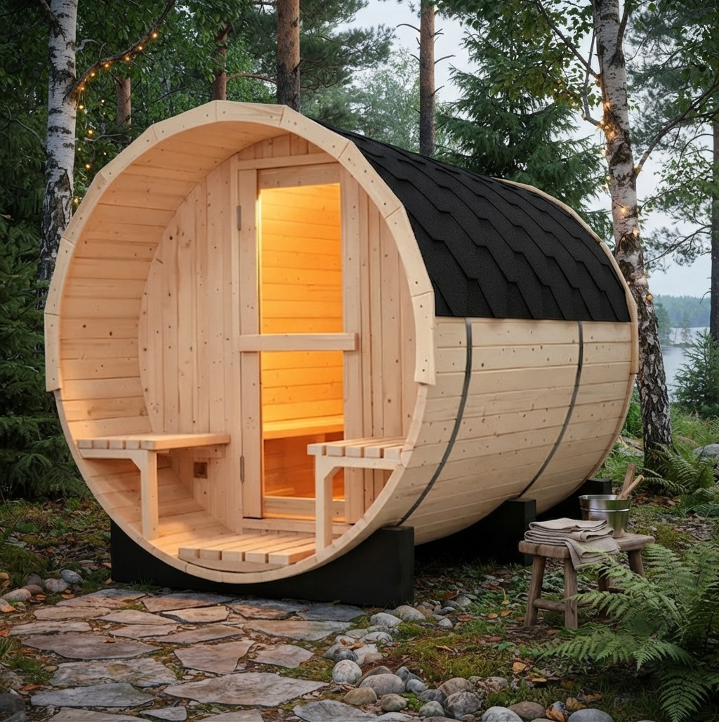 
                  
                    Outdoor Barrel Sauna with Porch
                  
                